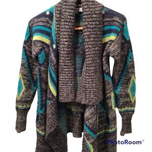 Roxy Boho Sweater Shawl Cardigan Teal Multi Print 100% Acrylic in EUC XS A